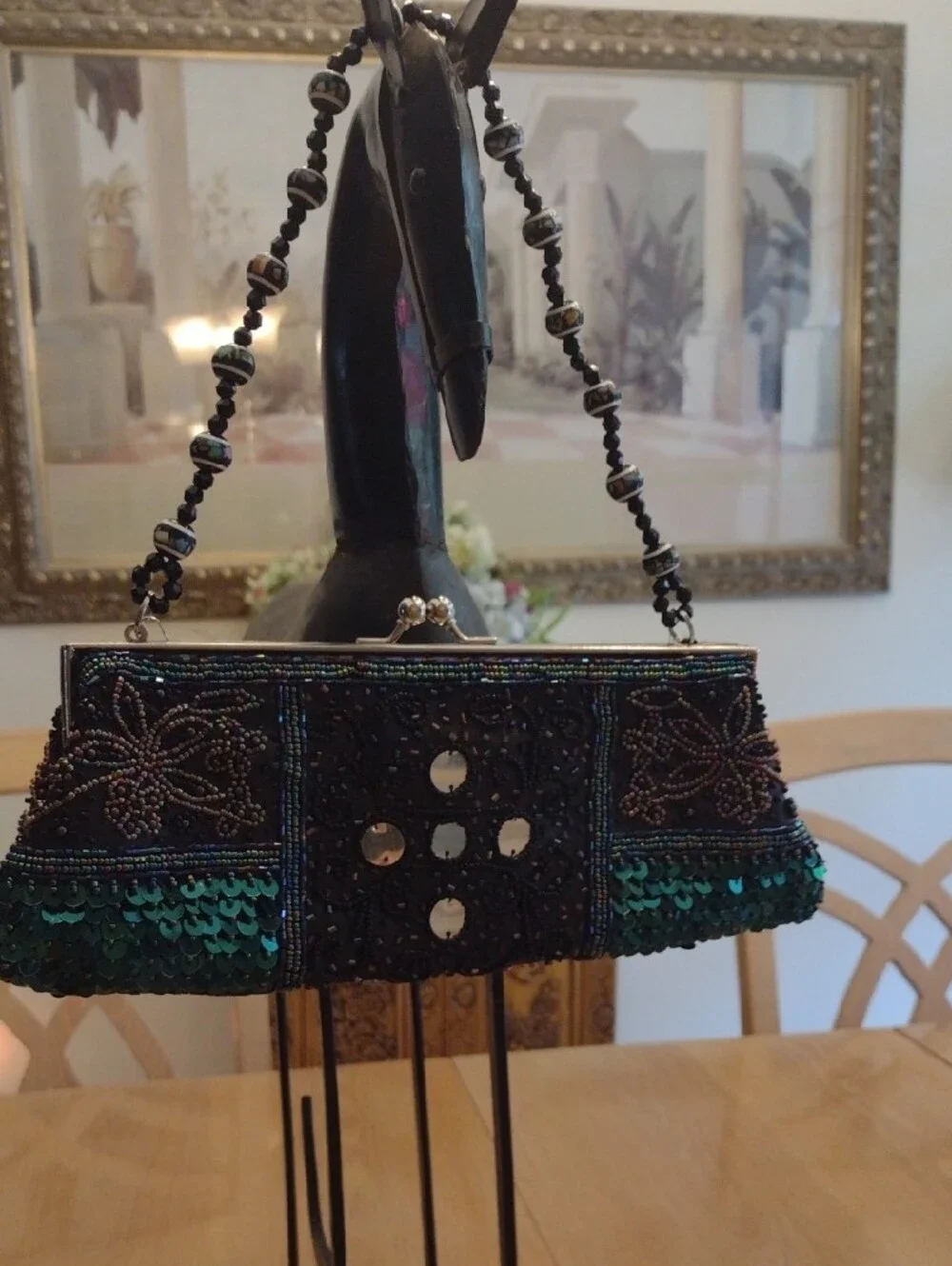 Beaded Sequin Evening Clutch in Teal and Black